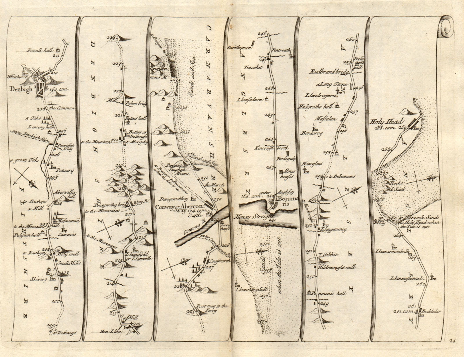 Denbigh Conwy Beaumaris Holyhead North Wales SENEX #24 road map 1719 old